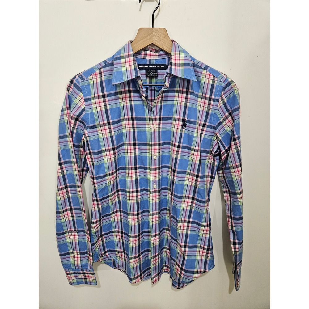 Ralph Lauren Sport Womens Blue Multi Plaid Cotton Button Down Shirt Size 8